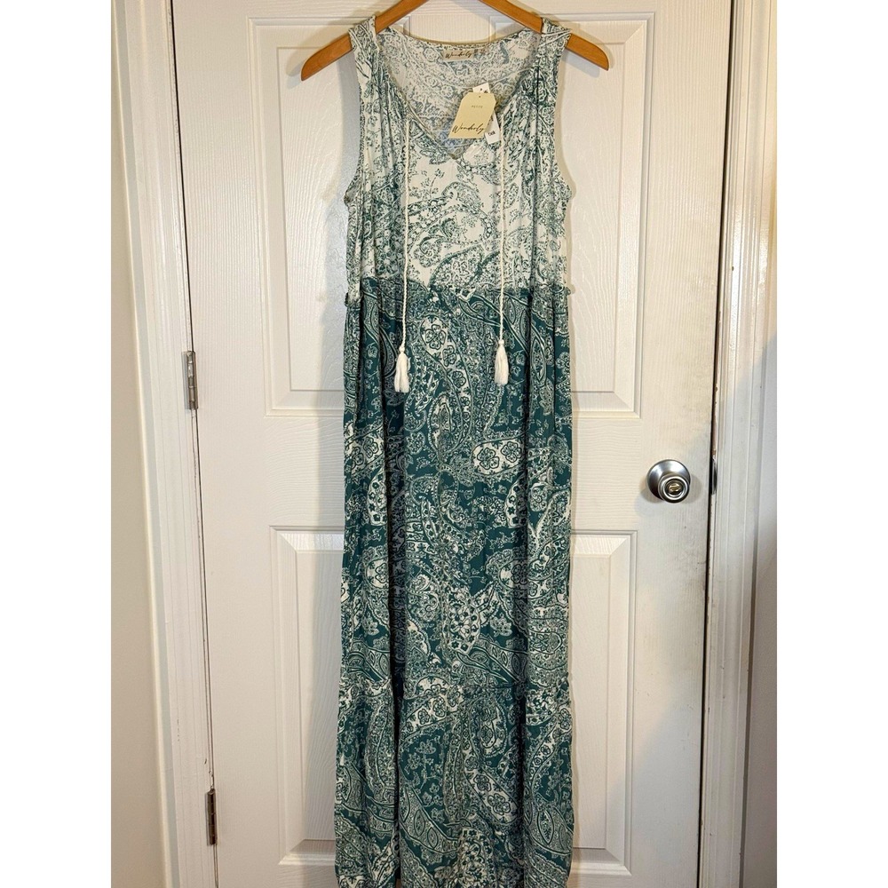 Wonderly Green White boho Paisley Maxi Dress PS Sleeveless Tassel Rayon NWT